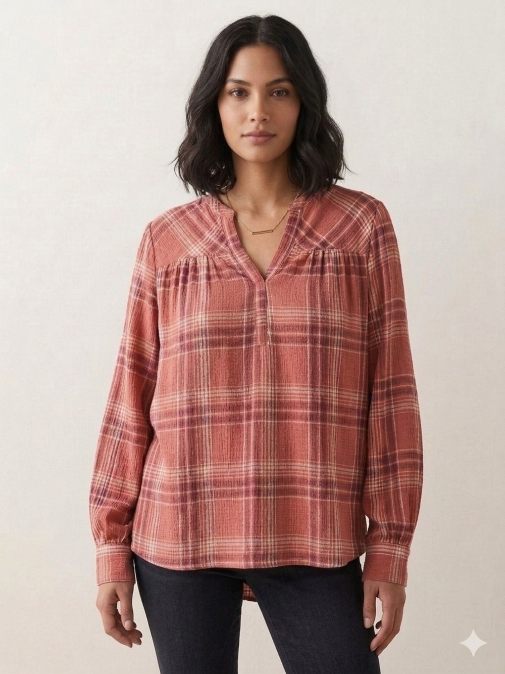 NWNT Pink Plaid Long-Sleeve V-Neck Women's Top Mystyle M